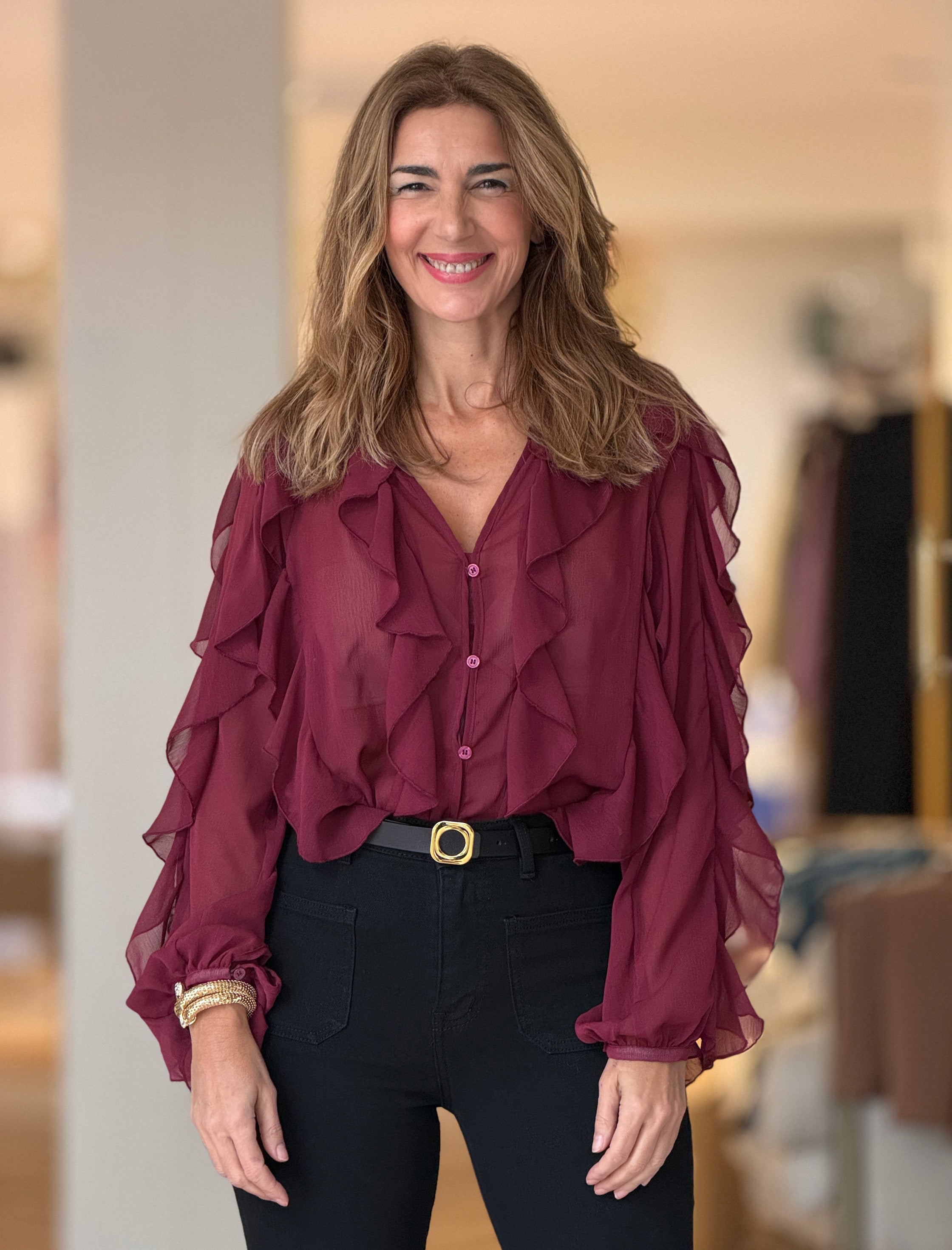Camisa burdeos gasa volantes chic