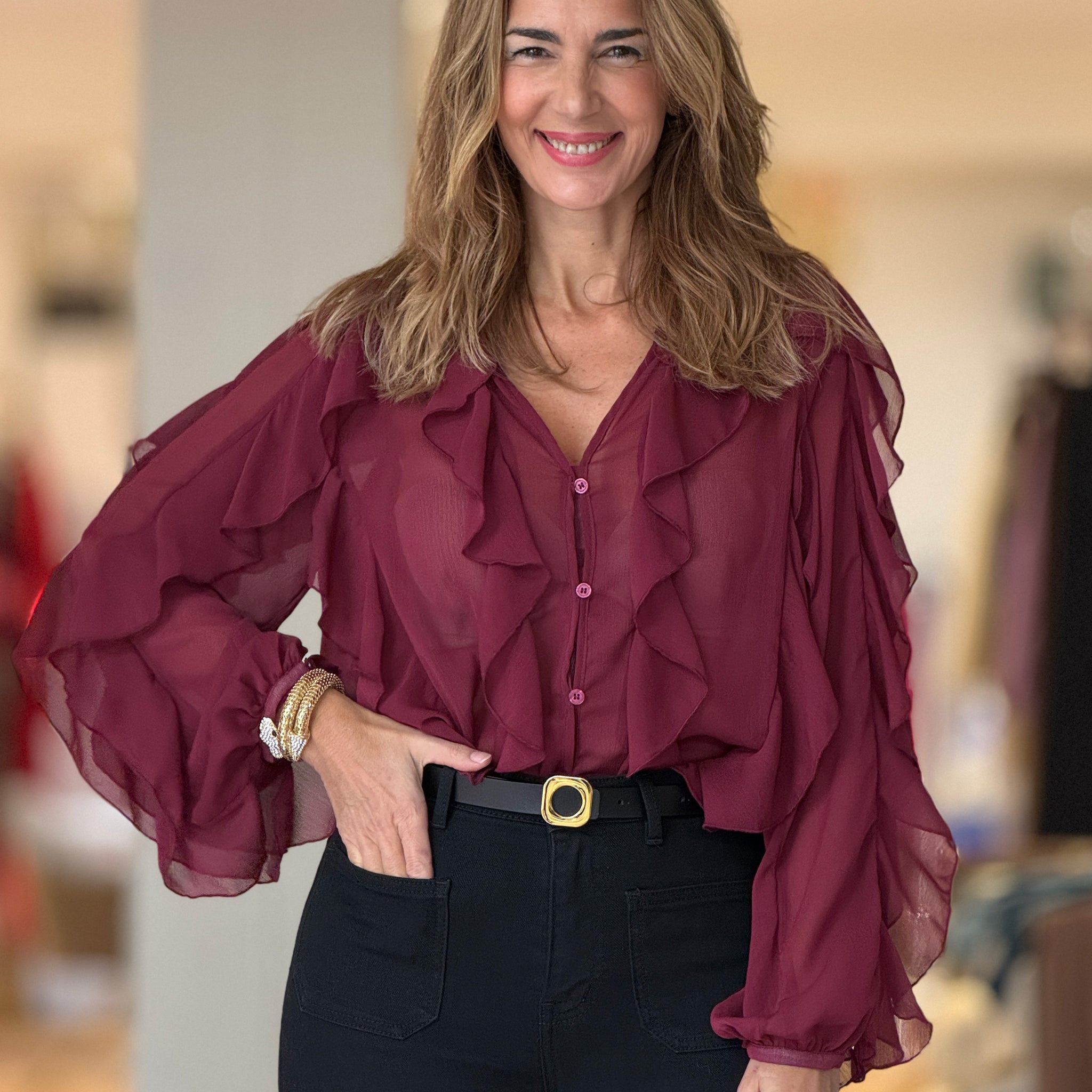 Camisa burdeos gasa volantes chic