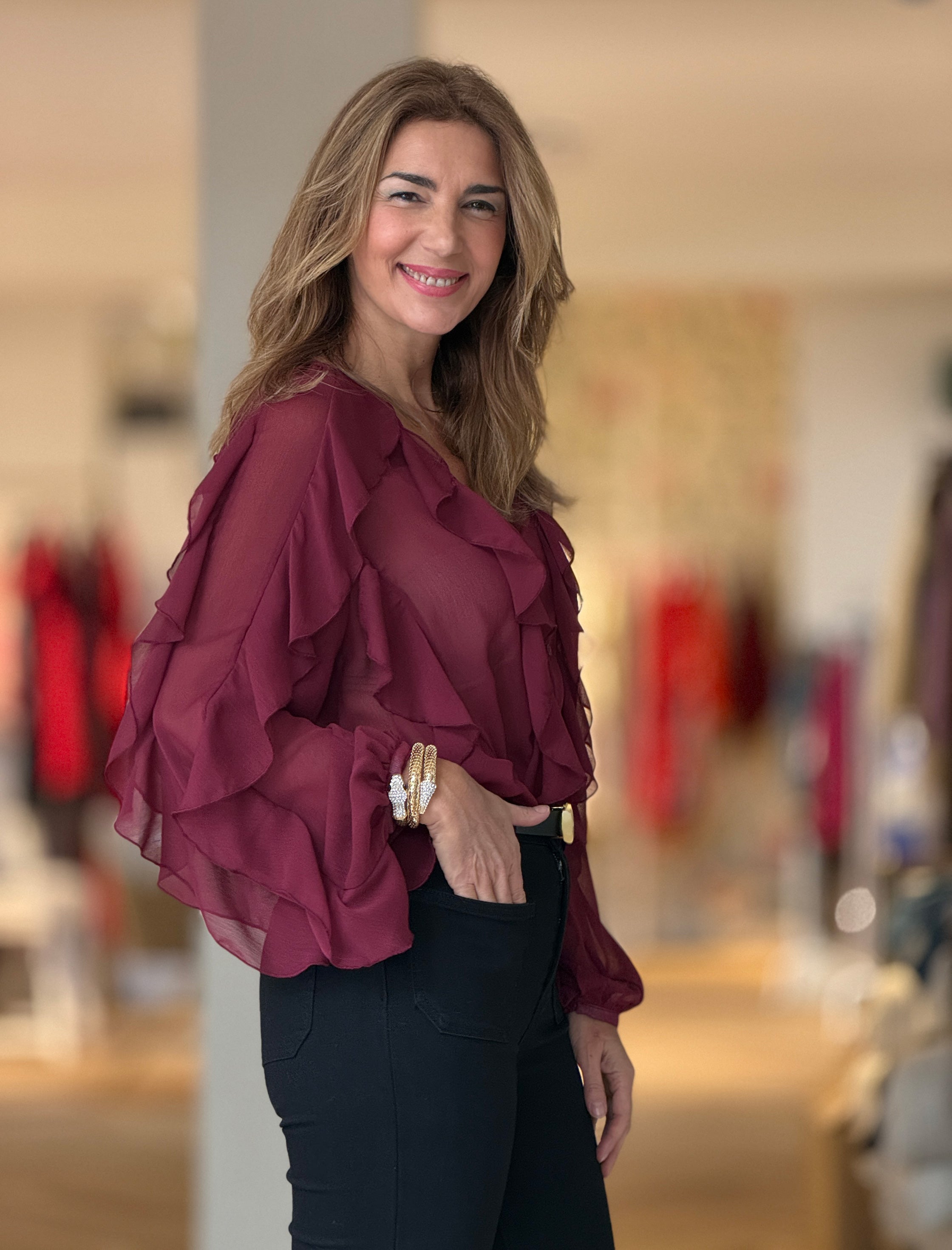 Camisa burdeos gasa volantes chic