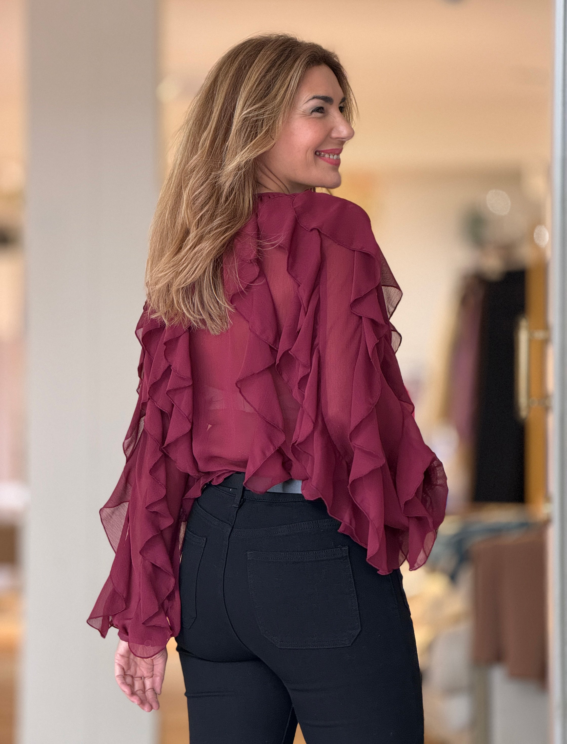 Camisa burdeos gasa volantes chic