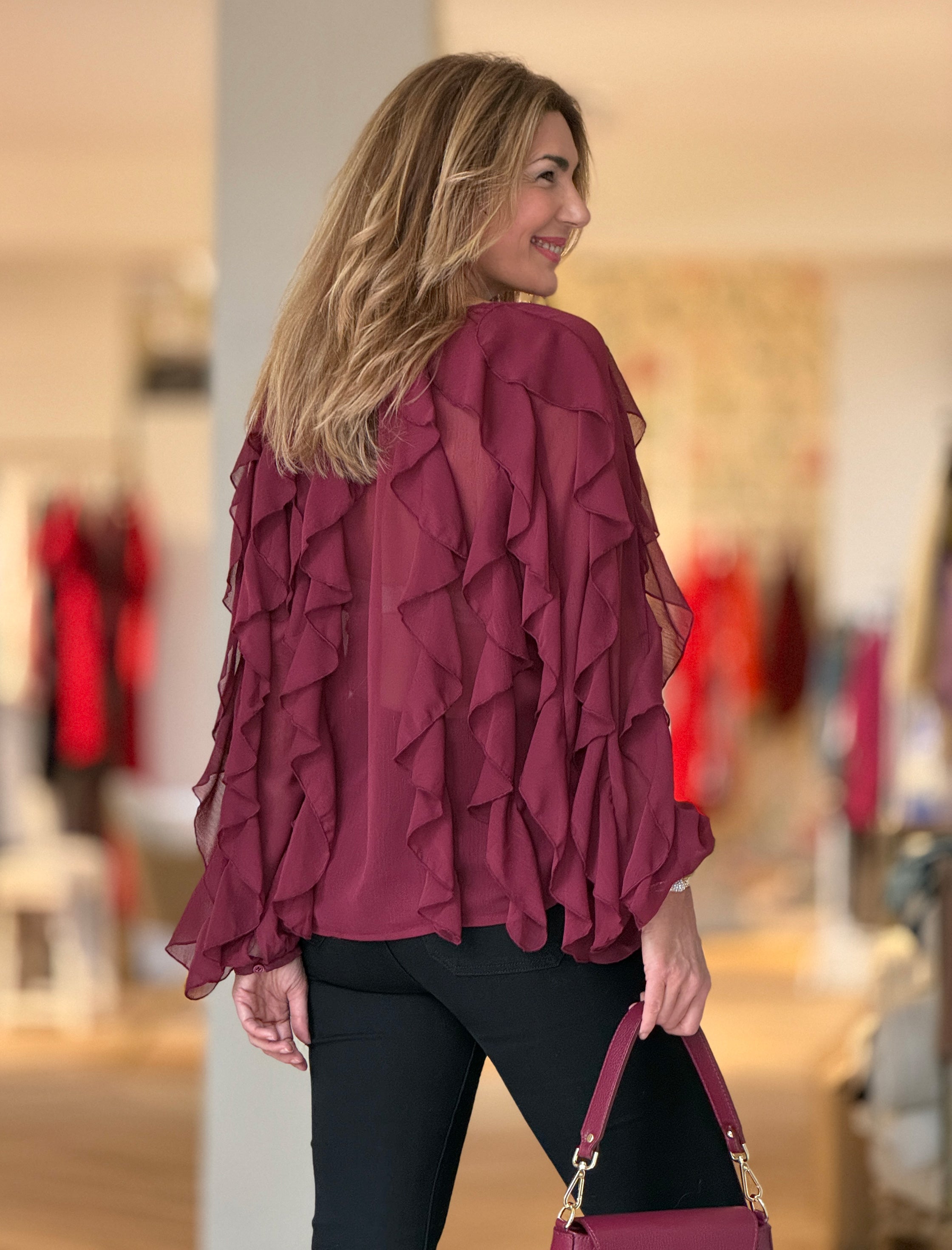 Camisa burdeos gasa volantes chic