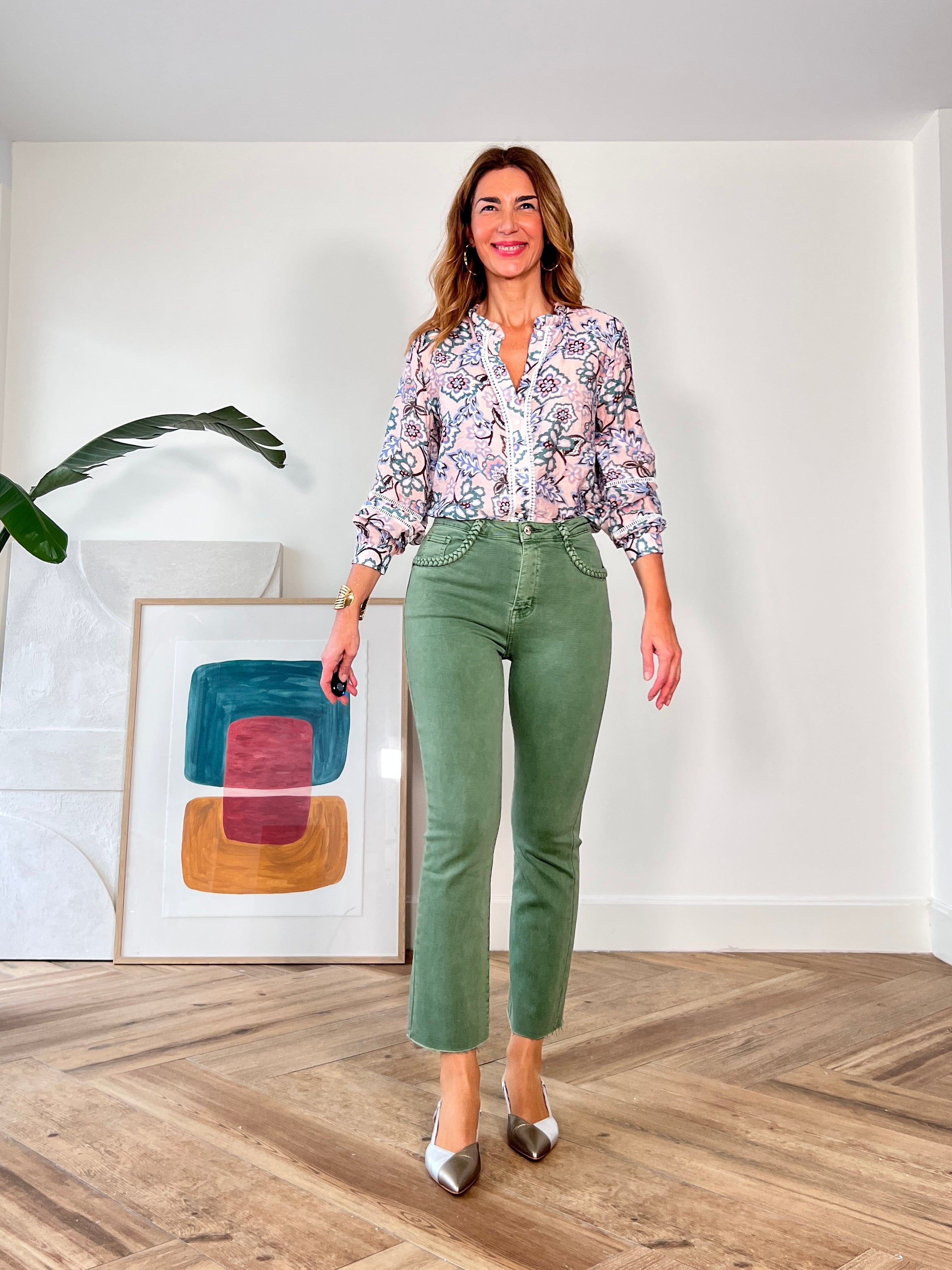 Jeans flare bolsillos trenzado verde