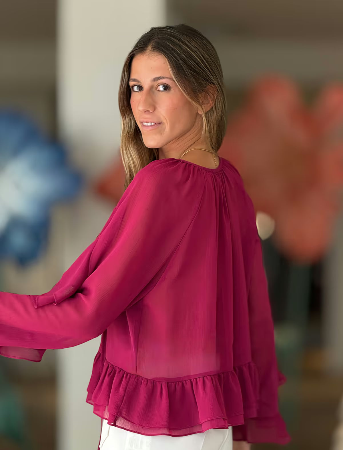 Raspberry ruffle shirt