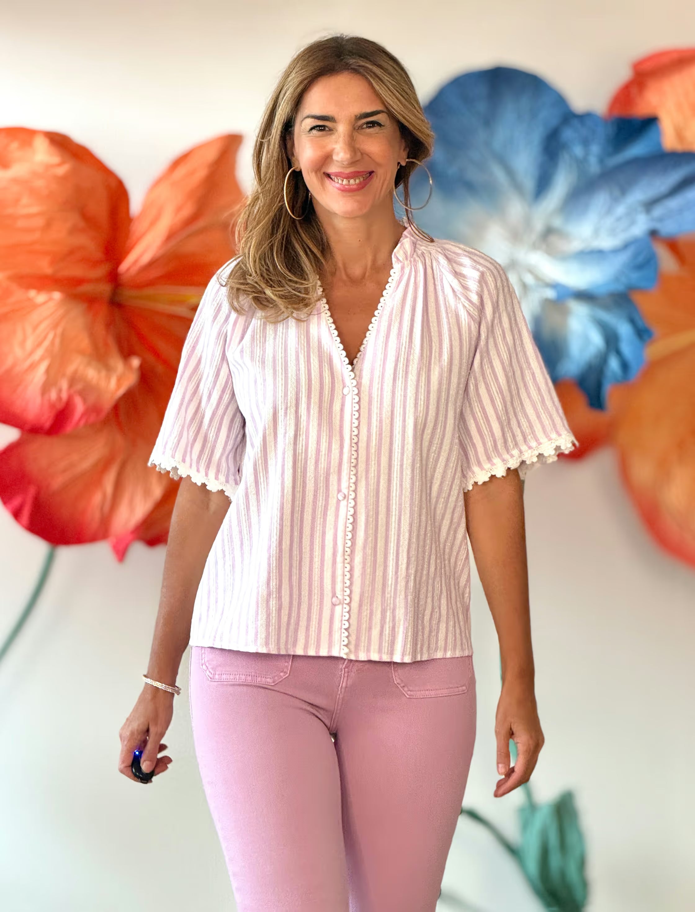 Pink denim pants with pockets