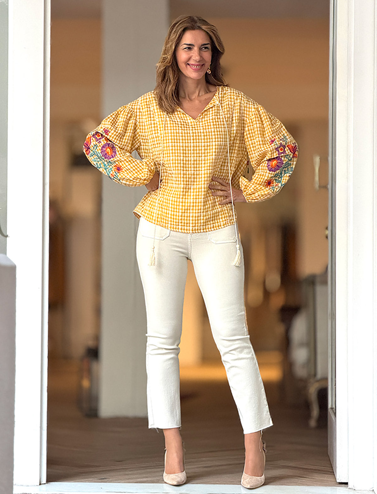 Pantalón vaquero beige elástico