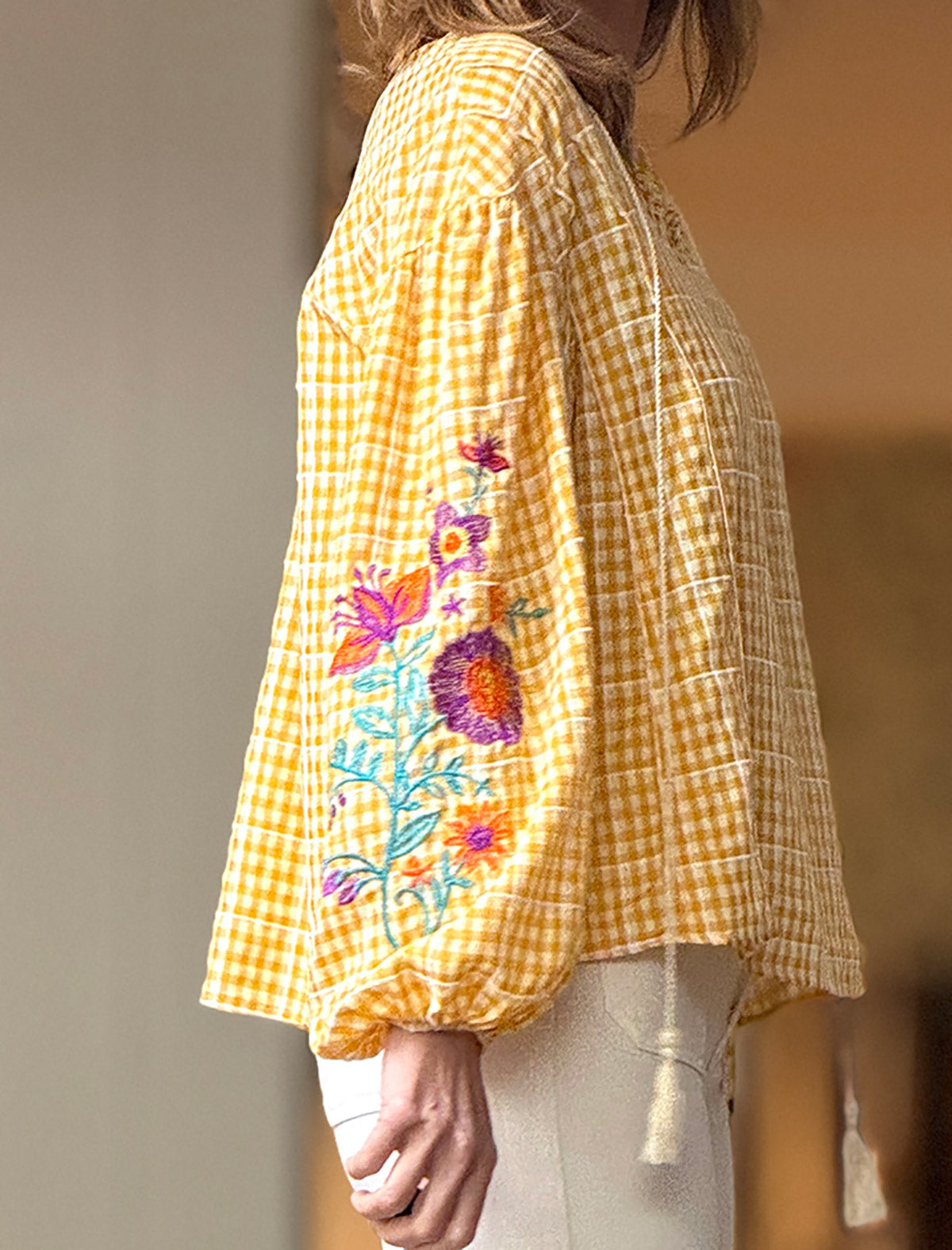 Blusa cuadros vichy amarilla bordada