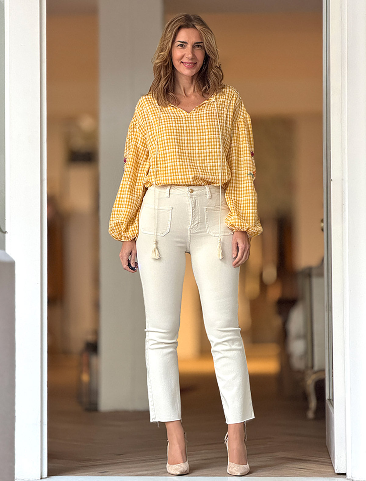 Blusa cuadros vichy amarilla bordada