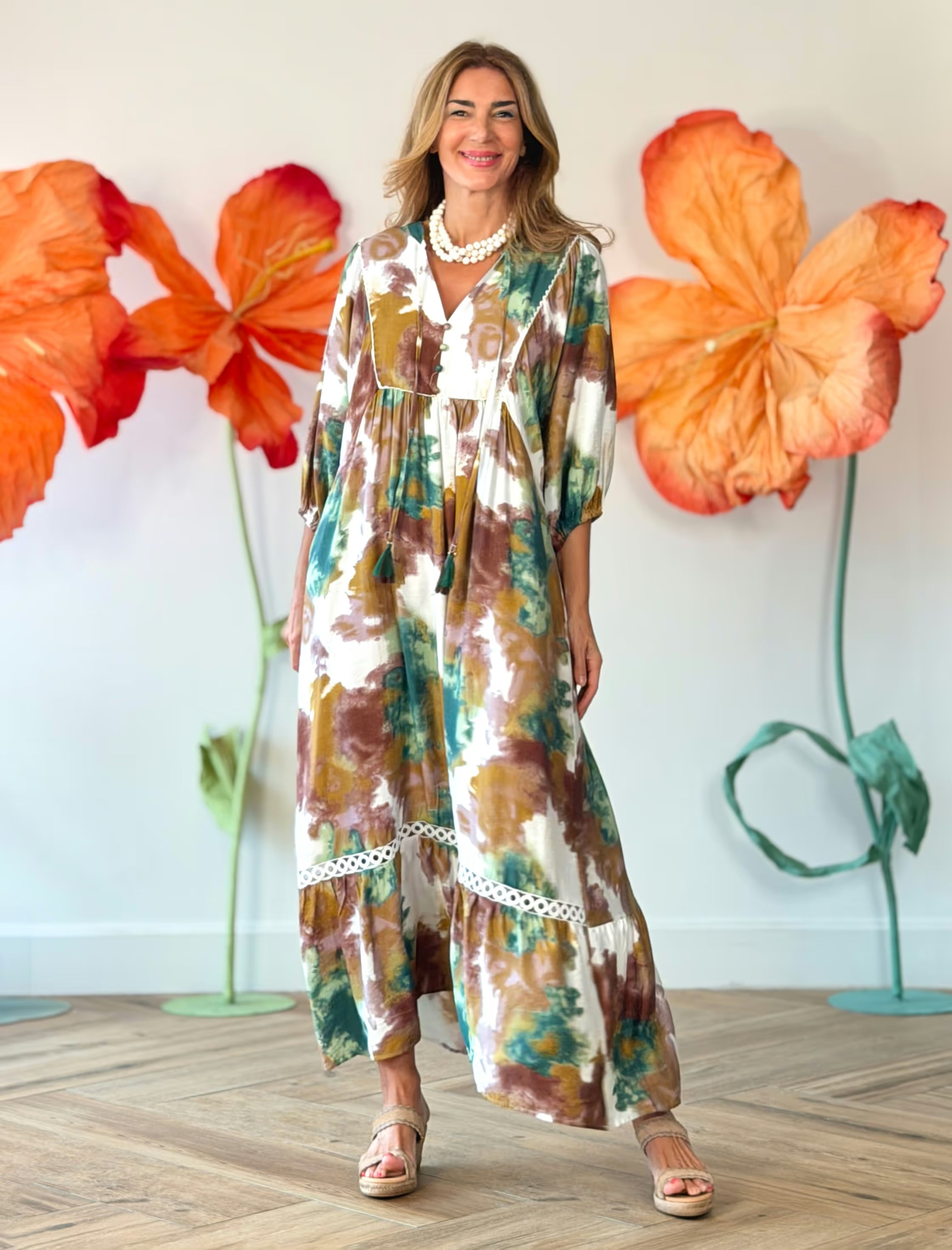 Vestido Ideal boho fluido arena