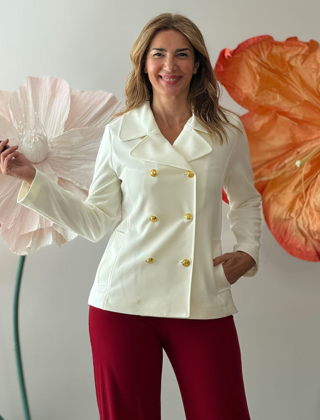 Chaqueta cruzada punto chic blanca