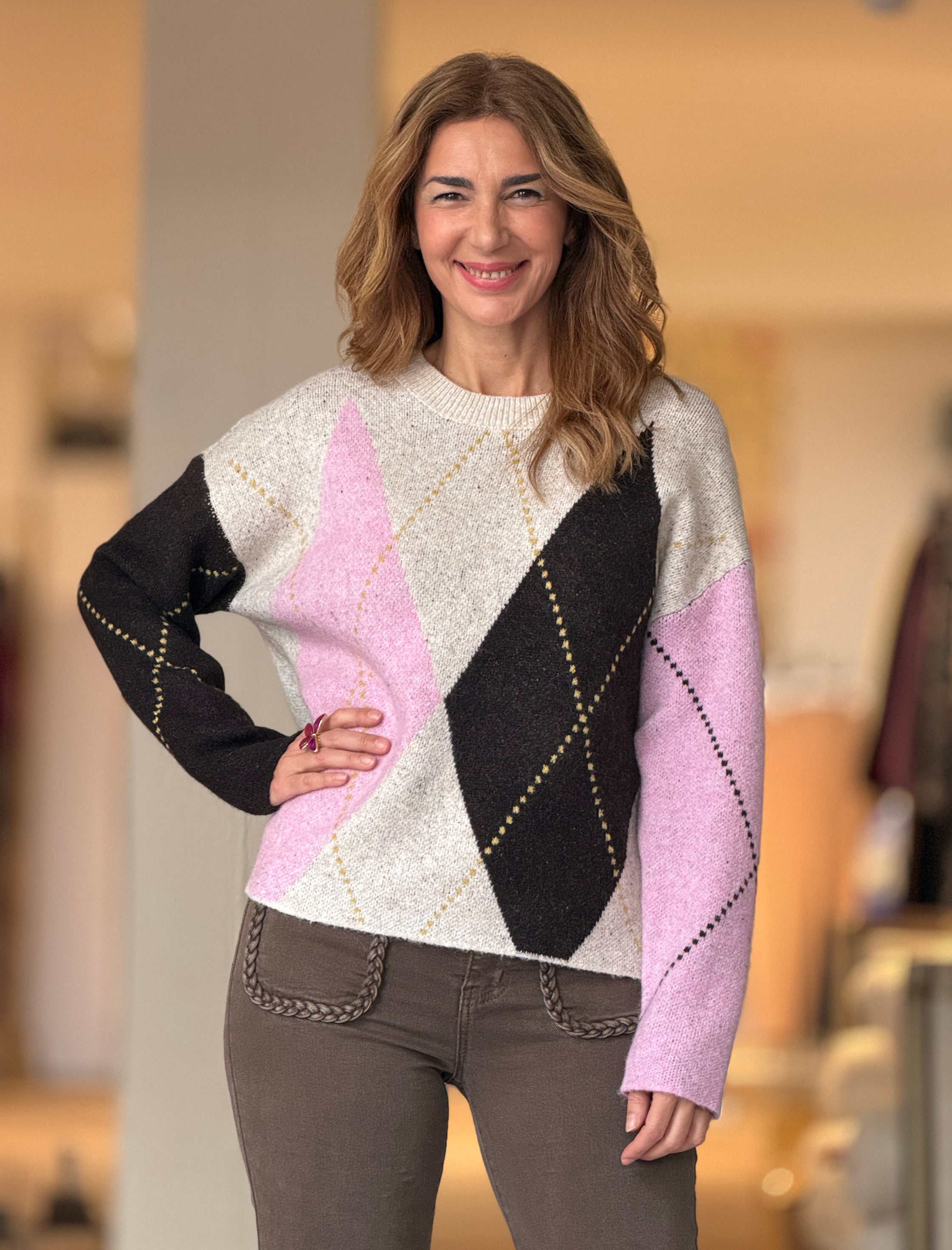 Jersey rombos rosa-marrón