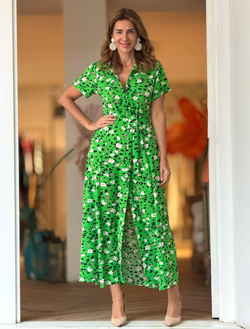 Vestido camisero verde flowers