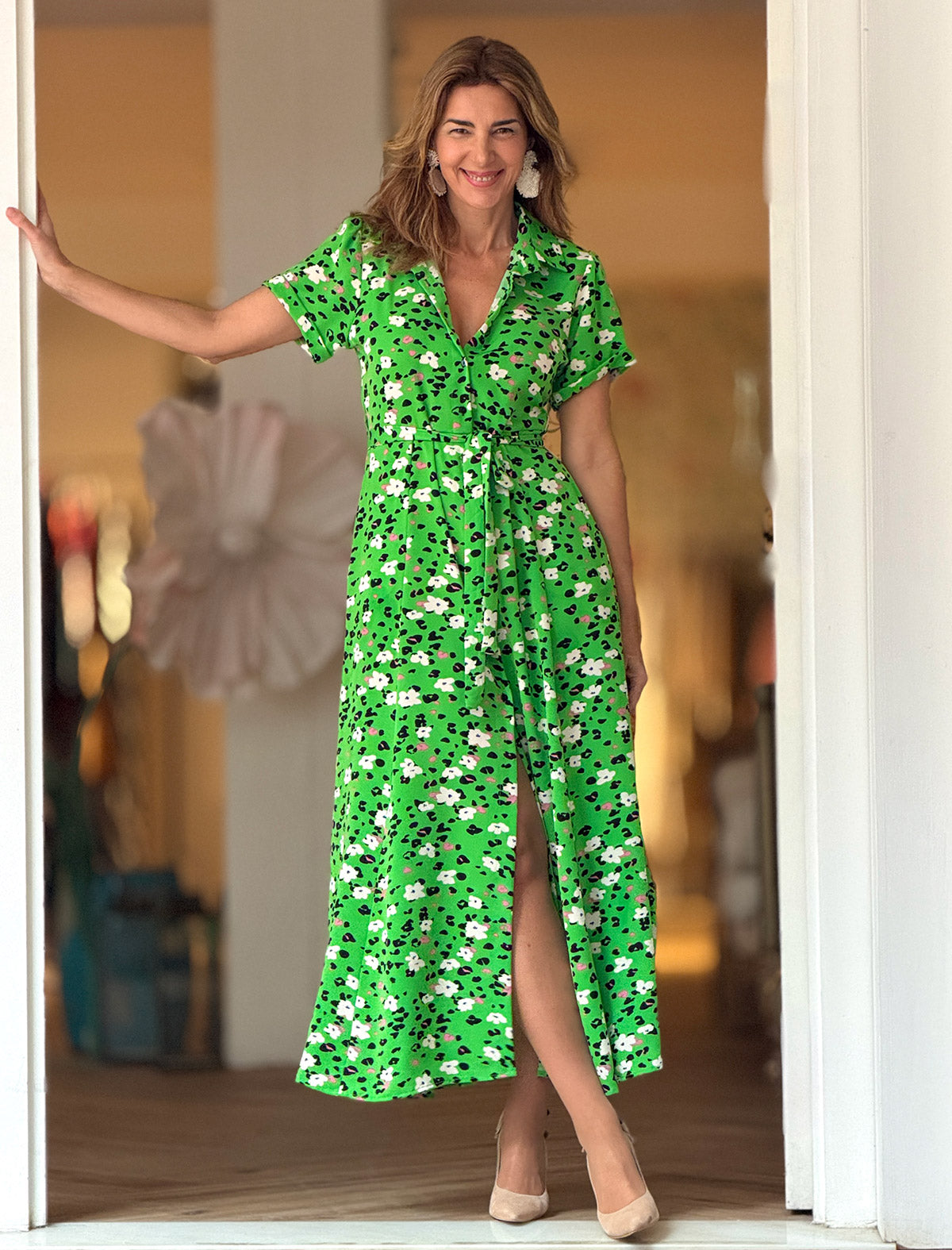 Vestido camisero verde flowers