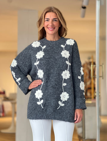 Jersey flores bordadas gris