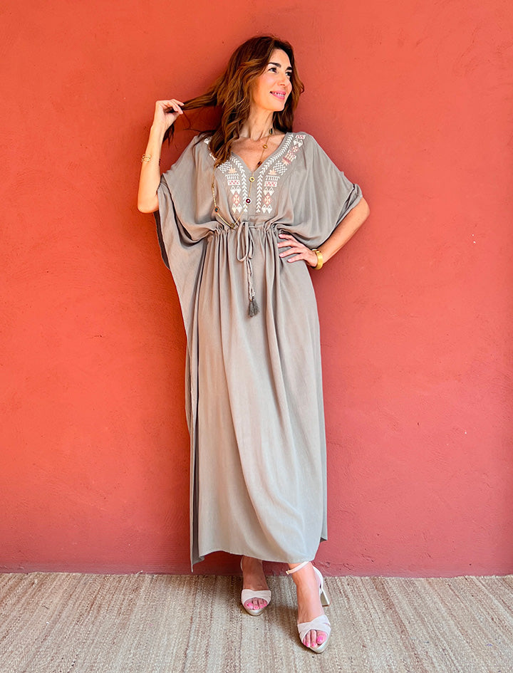 KAFTAN NATURAL BORDADO VERDE