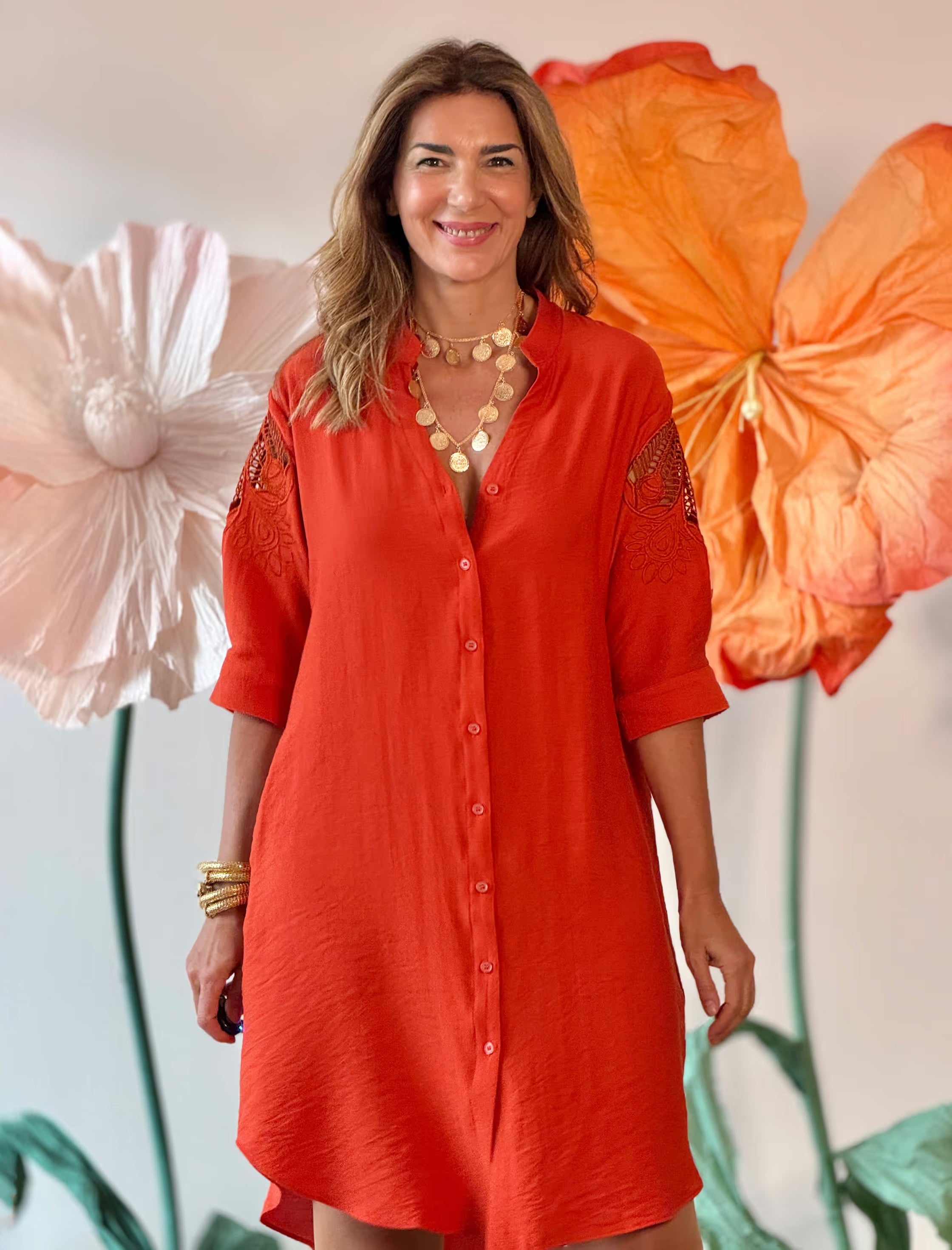 Coral embroidered kaftan dress
