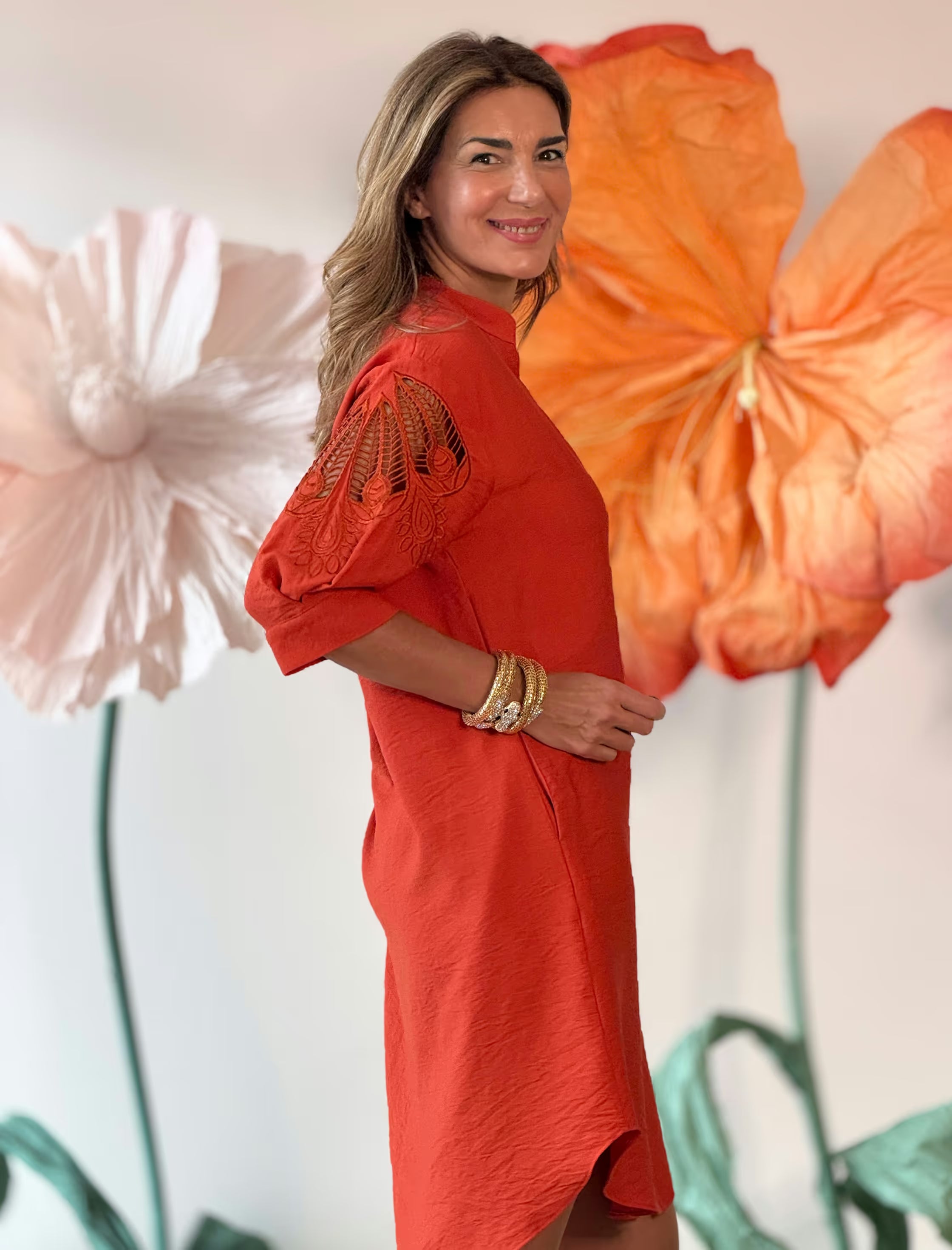 Coral embroidered kaftan dress