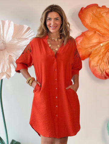 Coral embroidered kaftan dress