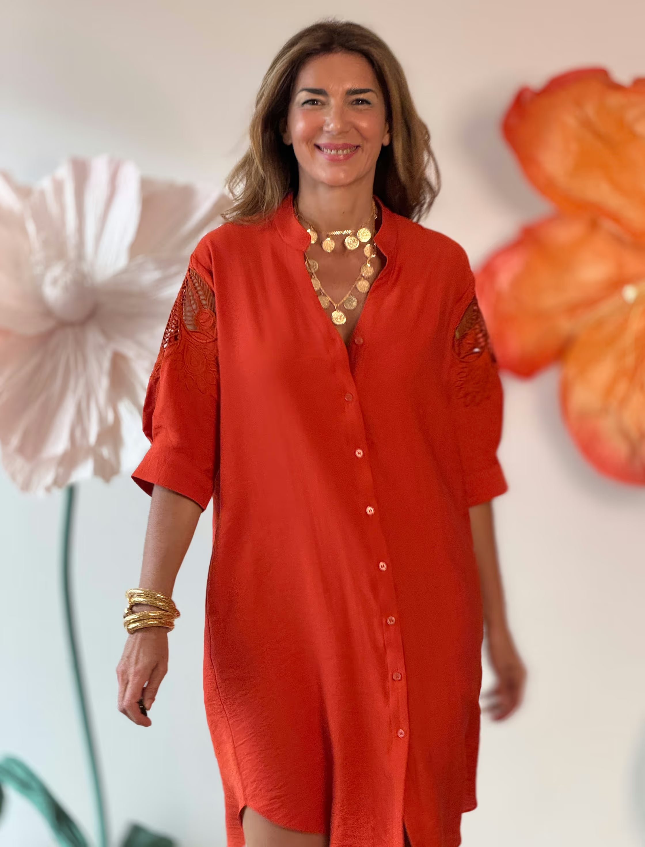 Coral embroidered kaftan dress