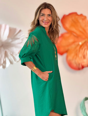 Green embroidered kaftan dress