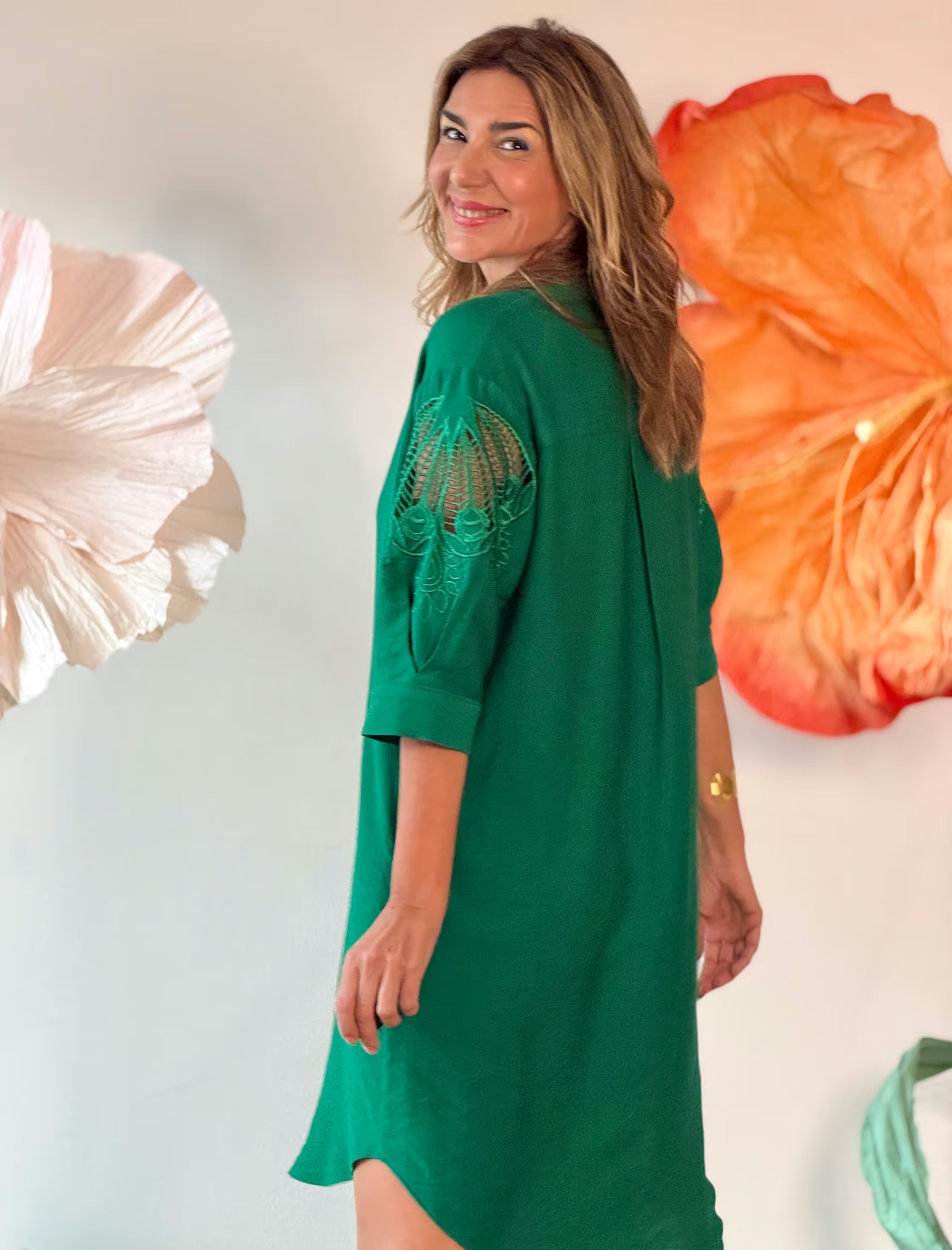 Green embroidered kaftan dress