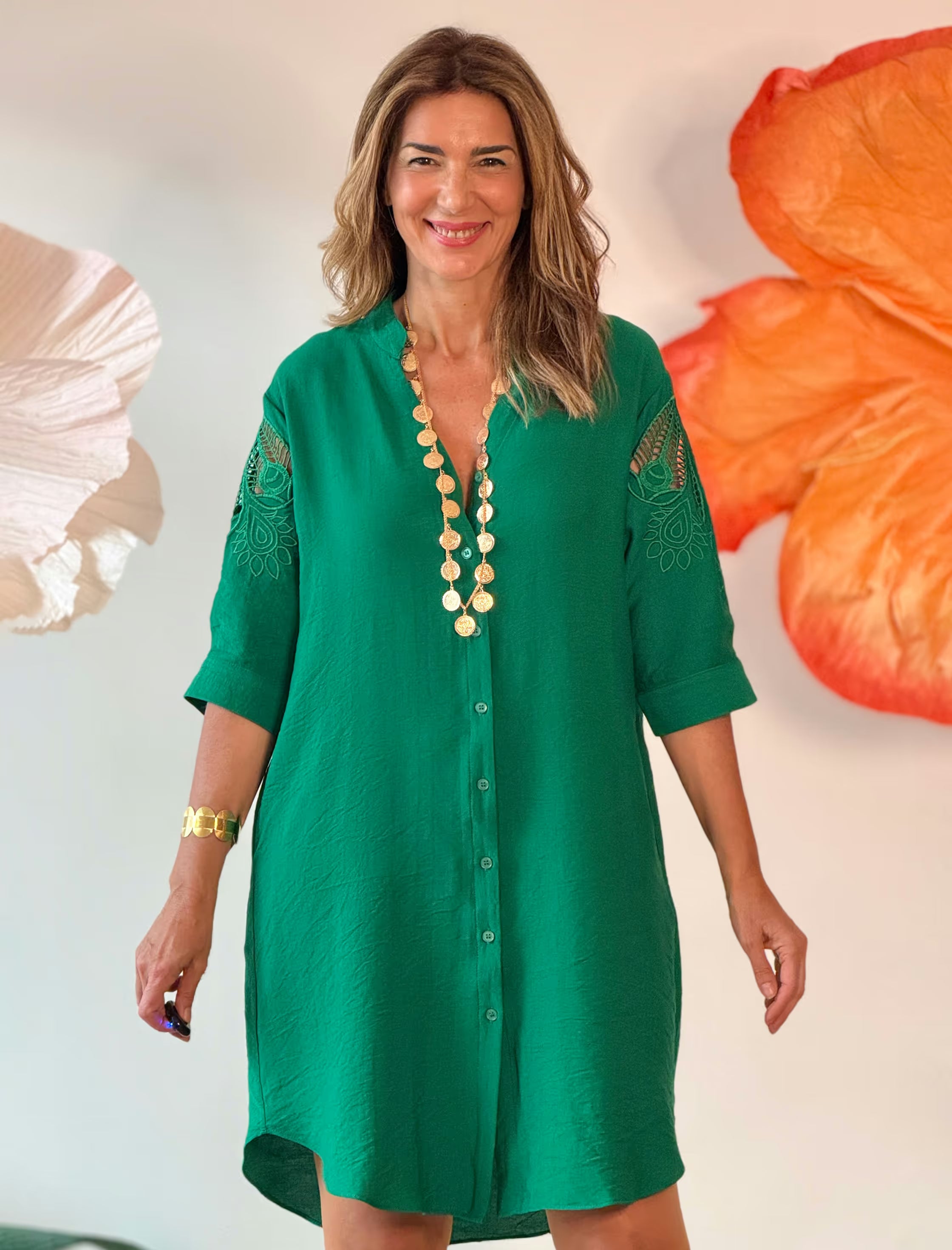 Green embroidered kaftan dress
