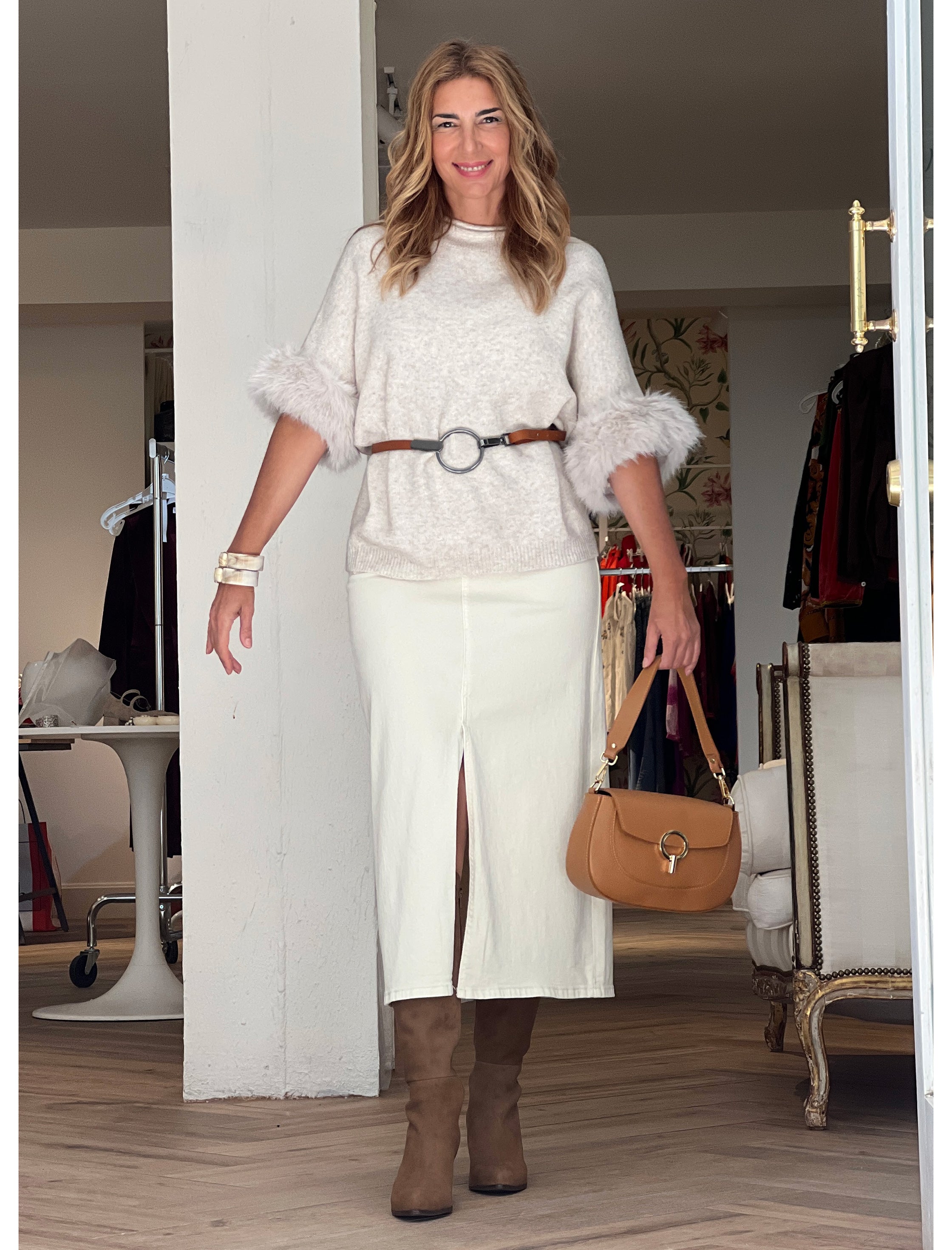 Falda denim colour cream