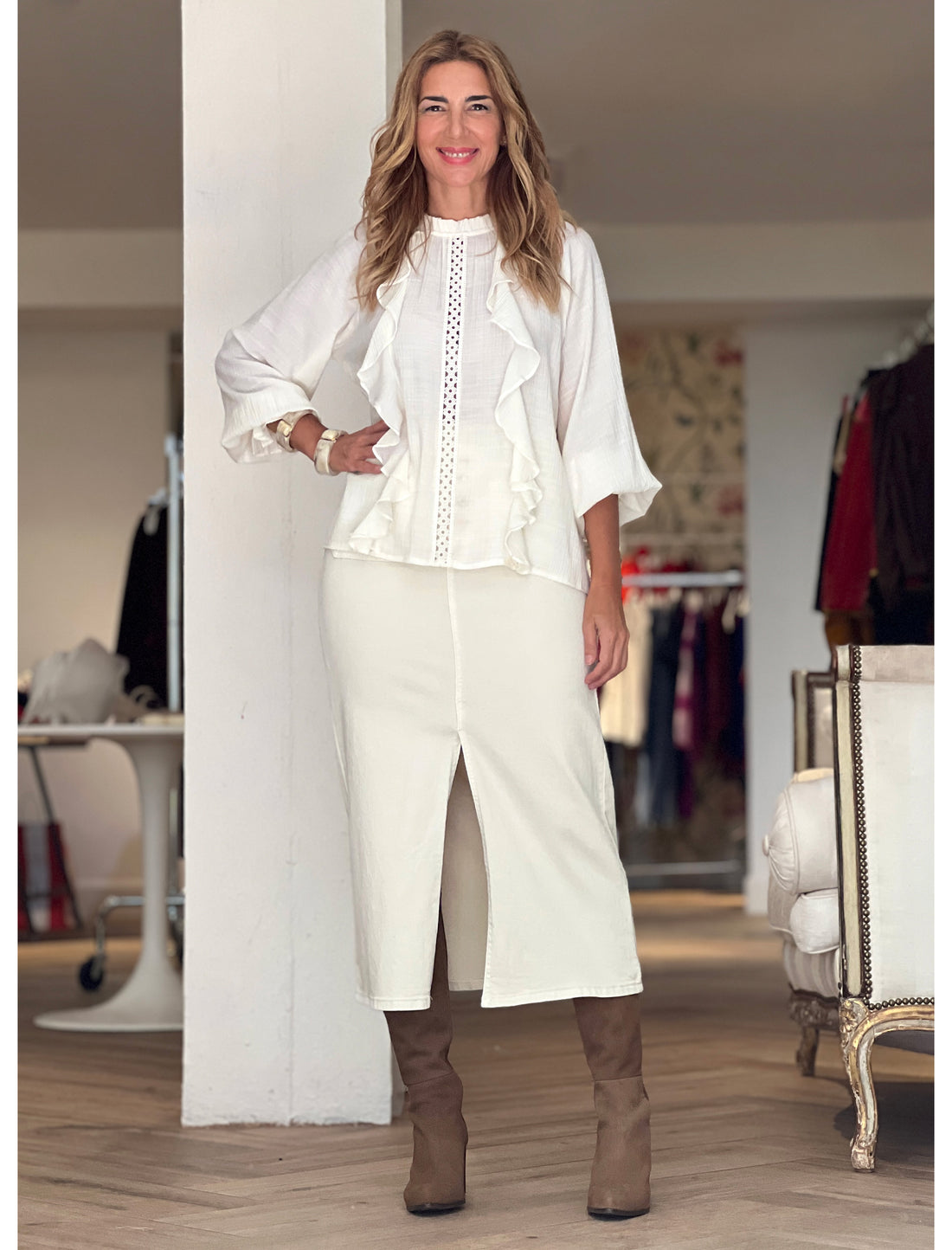 Falda denim colour cream