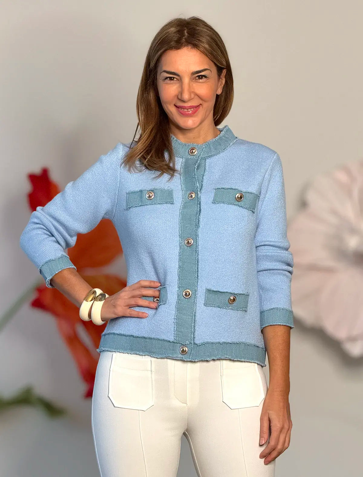 Chaqueta de punto celeste botones