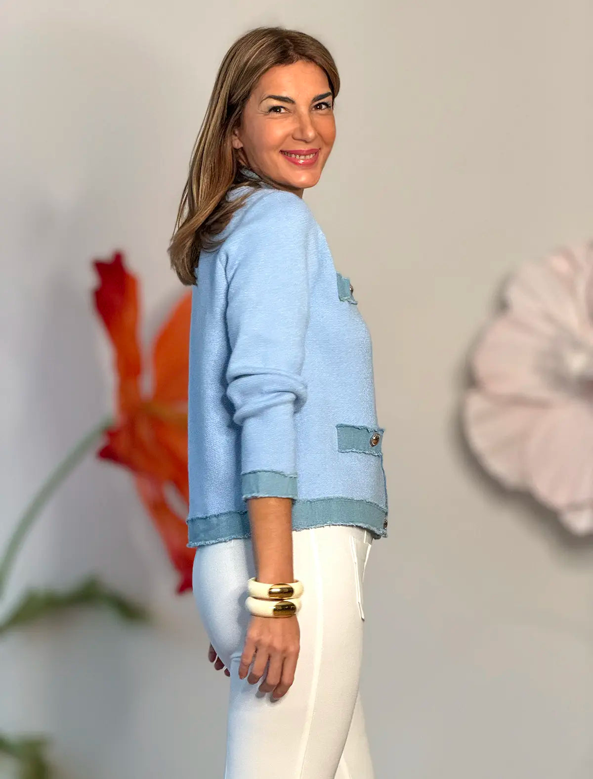 Chaqueta de punto celeste botones