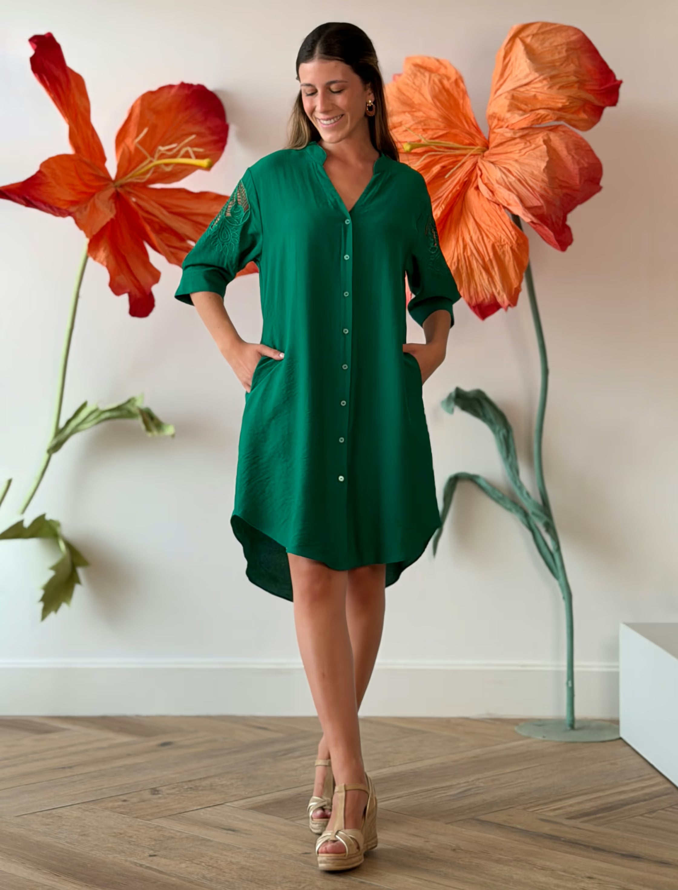 Green embroidered kaftan dress