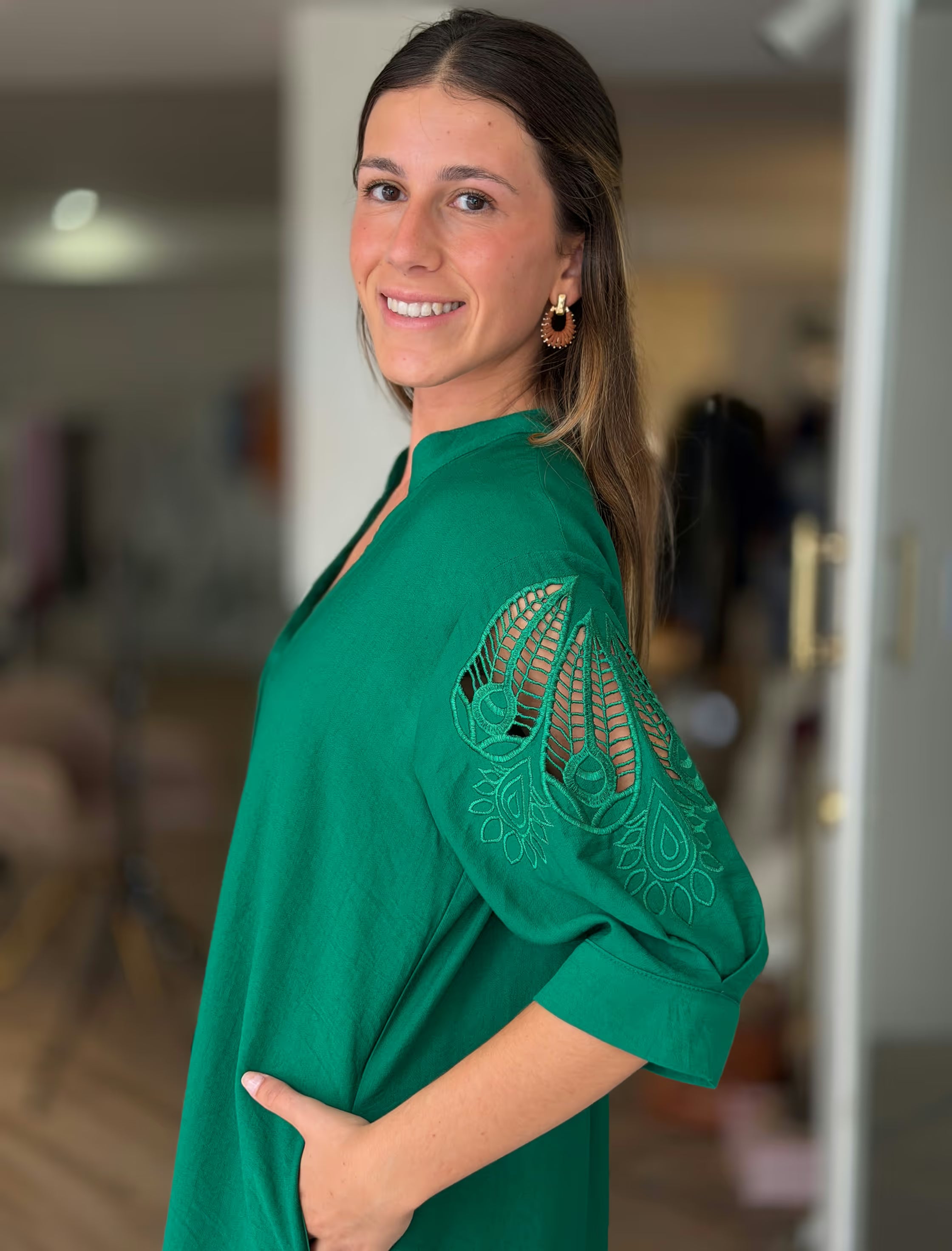 Green embroidered kaftan dress