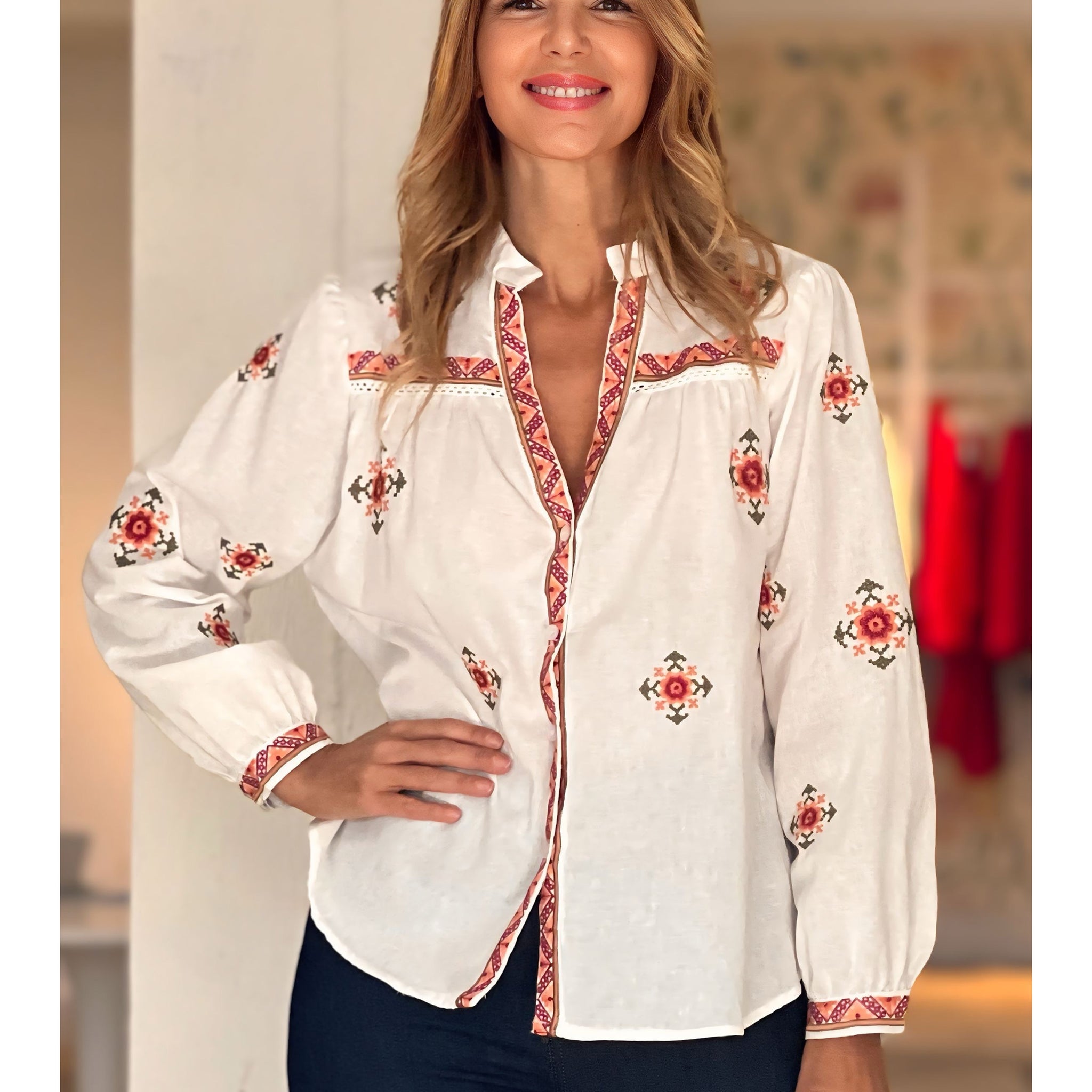 Camisa bordada coral