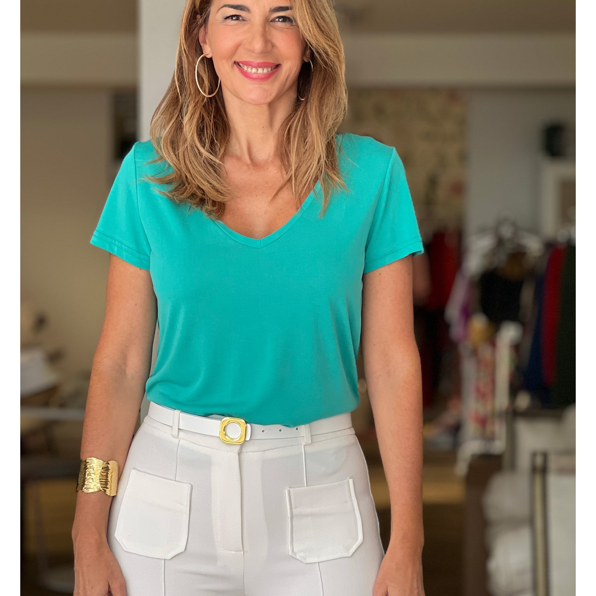 IDEAL T-SHIRT WITH V-NECK TURQUOISE