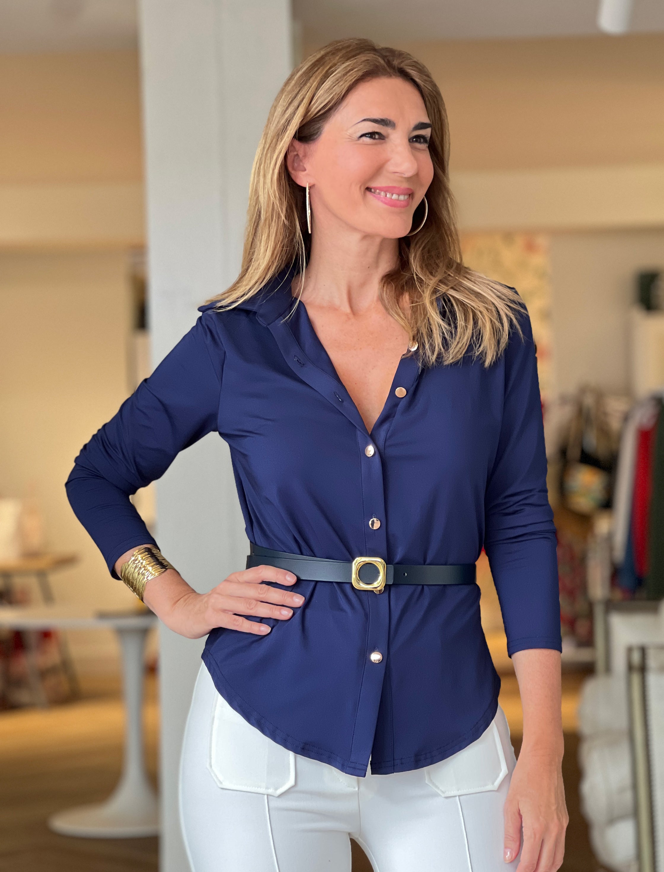 NAVY SINGLE BUTTON VISCOSE SHIRT