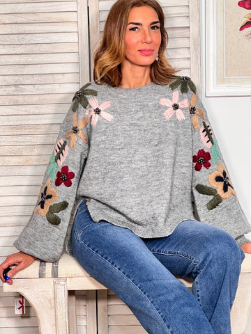 BEAUTIFUL GRAY EMBROIDERED SWEATER