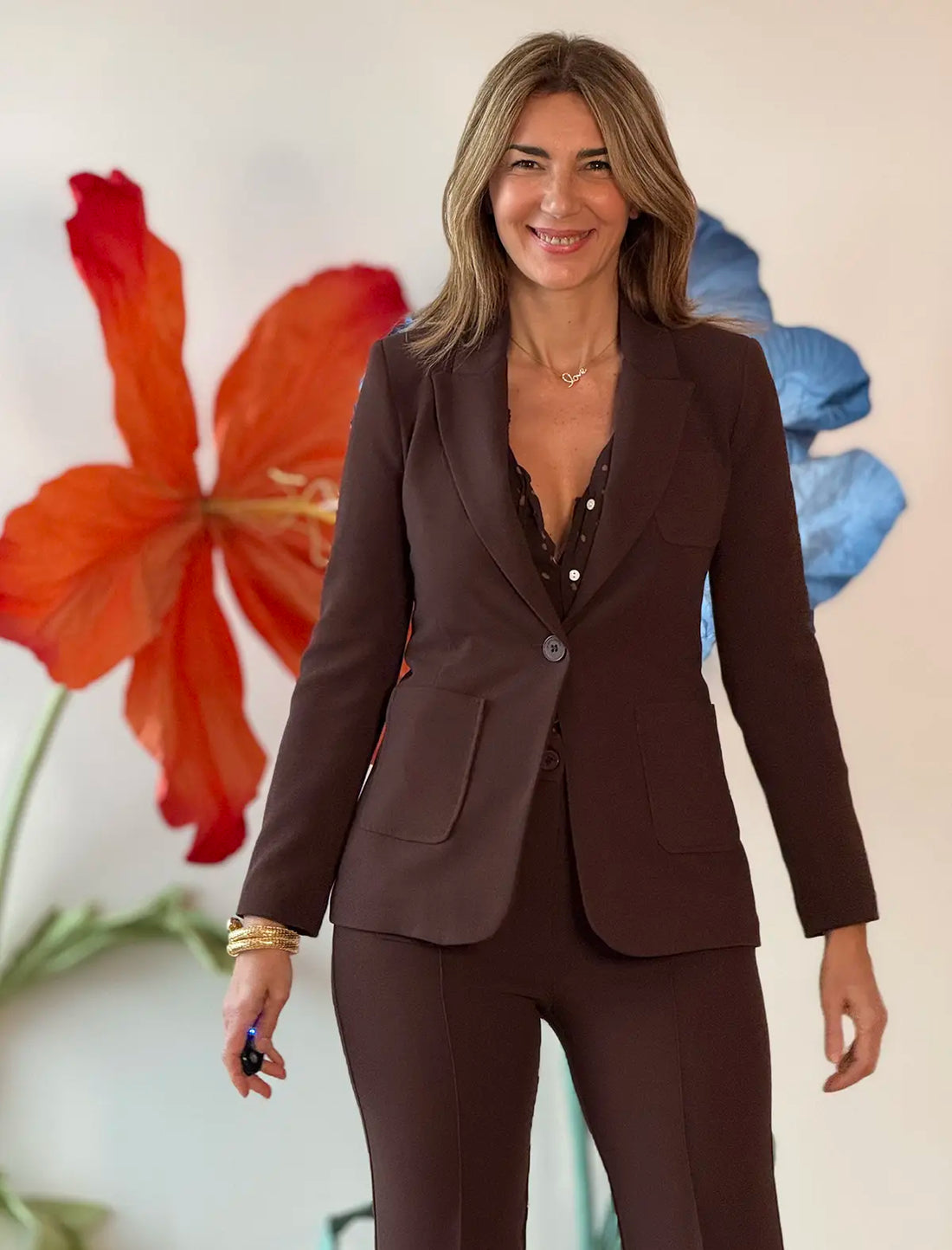 Chaqueta marrón chocolate de mujer Blazer Slim, corte entallado