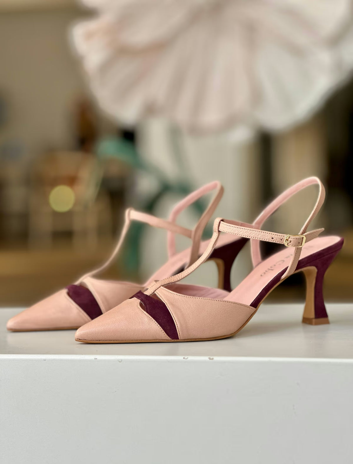 Par de zapatos de salón nude y berenjena Francine sobre superficie blanca